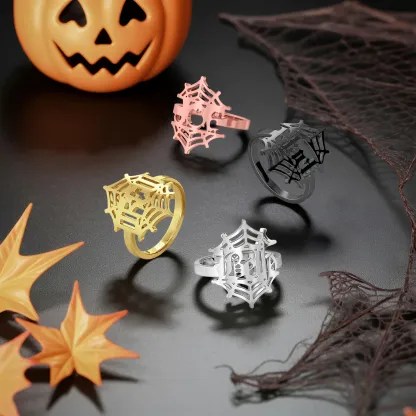 Personalized Halloween Spider Gothic Name Necklace and Cobweb Name Ring Set