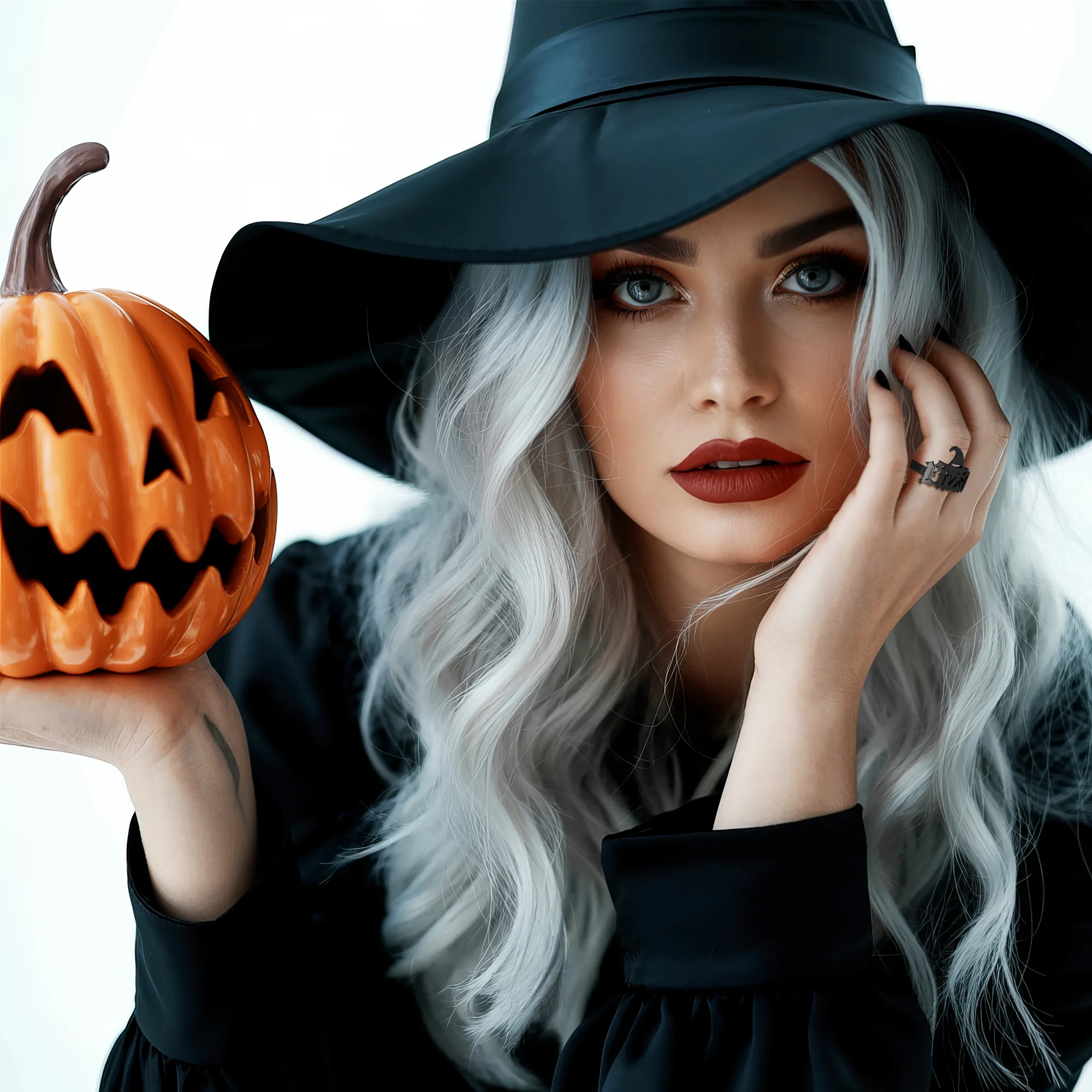 Personalized Halloween House Gothic Name Necklace and Witch Hat Name Ring Set