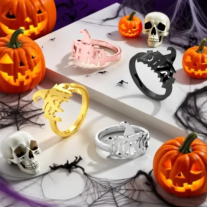 Personalized Halloween House Gothic Name Necklace and Witch Hat Name Ring Set