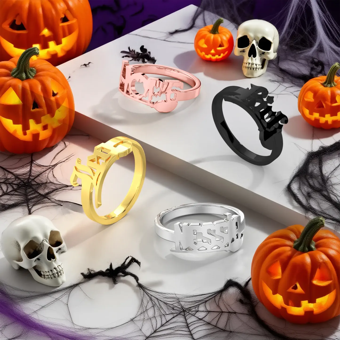 Personalized Halloween Broomstick Gothic Name Ring