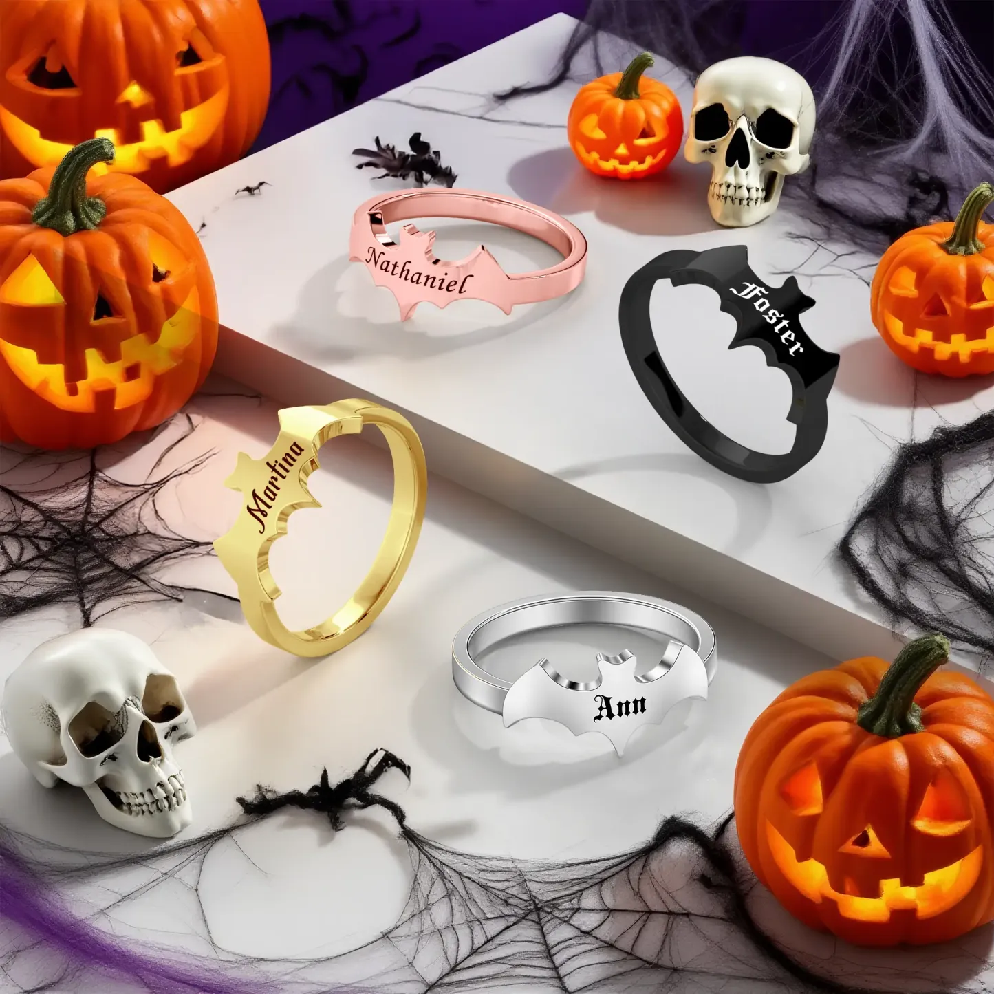 Personalized Halloween Ghost Gothic Name Necklace and Bat Name Ring Set