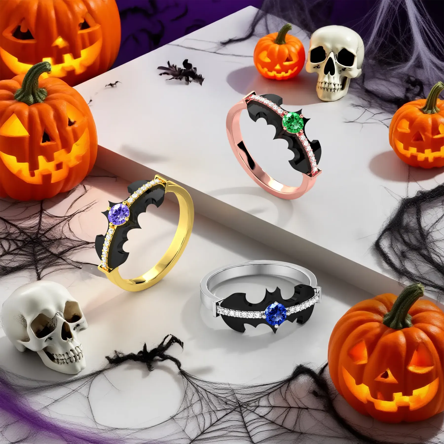 Personalized Halloween Candy Gothic Name Necklace and Bat Birthstone Ring Set