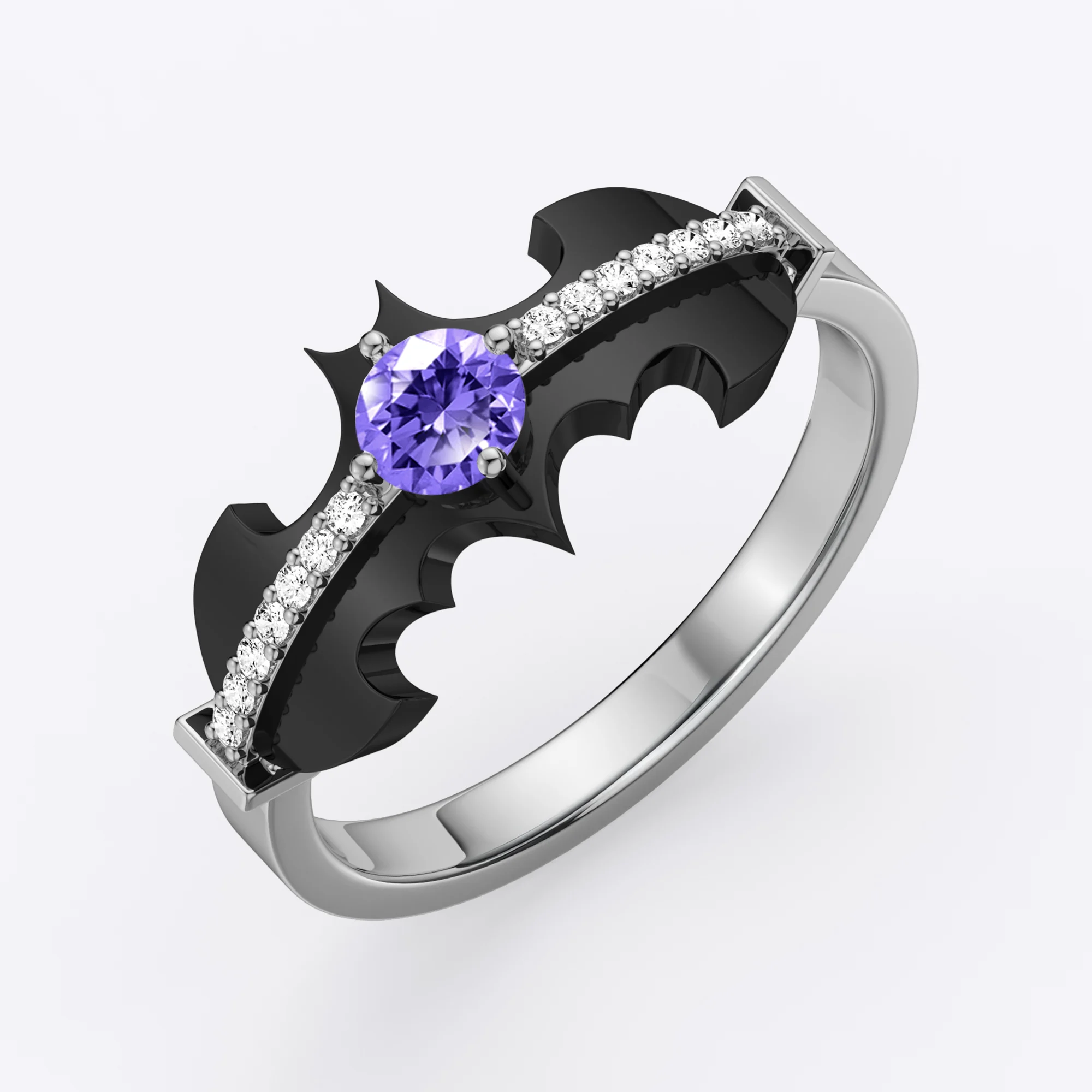 Personalized Halloween Bat Gothic Ring with Round Birthstone