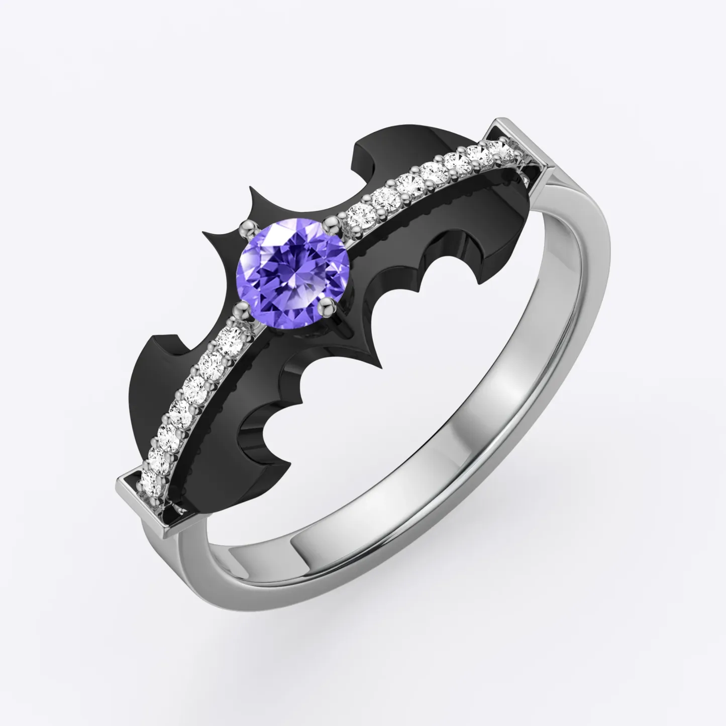 Personalized Halloween Bat Gothic Ring with Round Birthstone