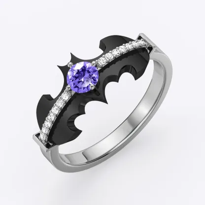 Personalized Halloween Bat Gothic Ring with Round Birthstone