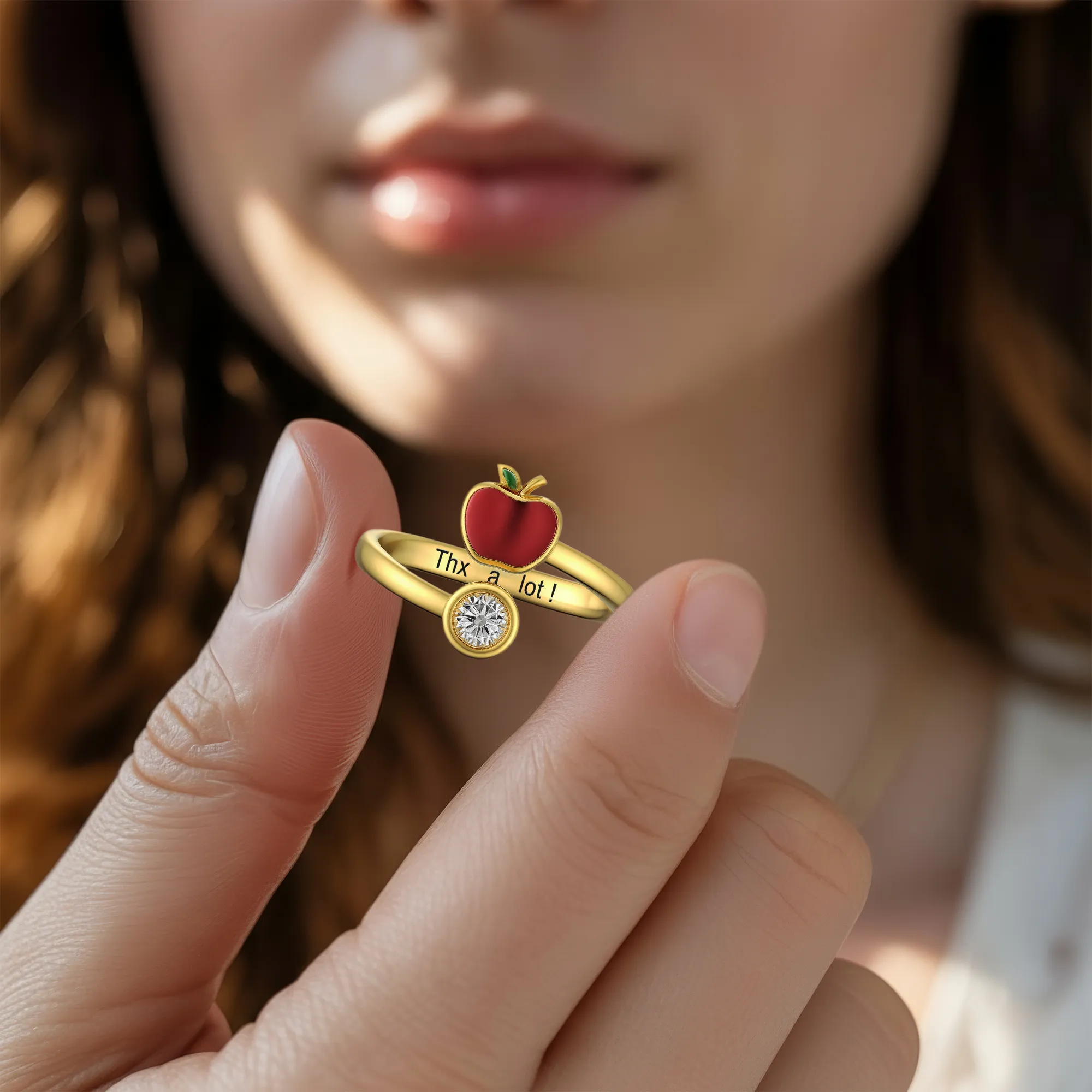 Personalized Birthstone Apple Shape Ring for Teachers