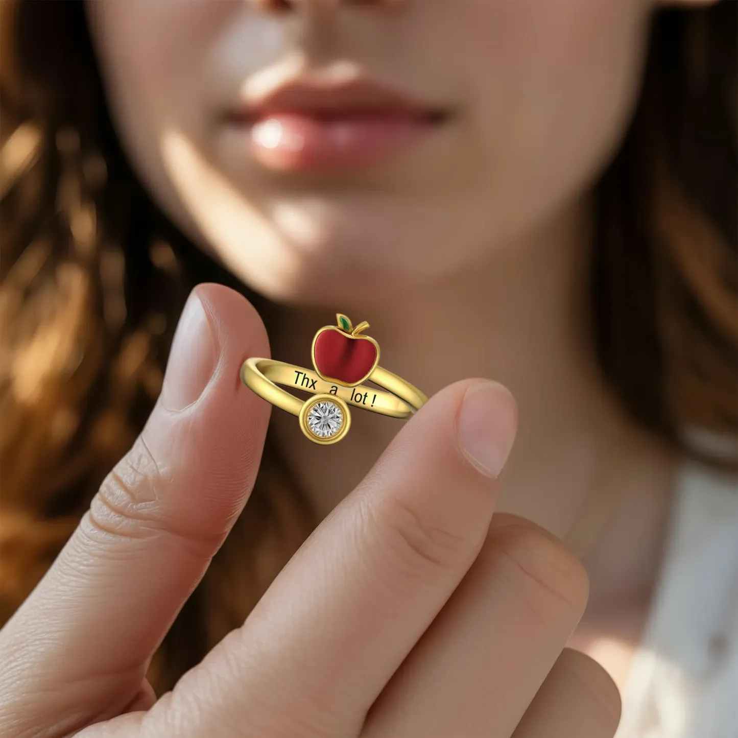 Personalized Birthstone Apple Shape Ring for Teachers