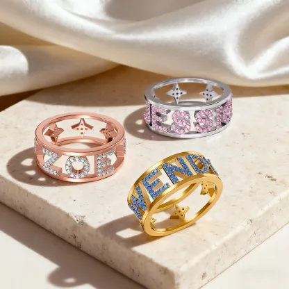 Custom Pavé Birthstone Hollow Name Ring