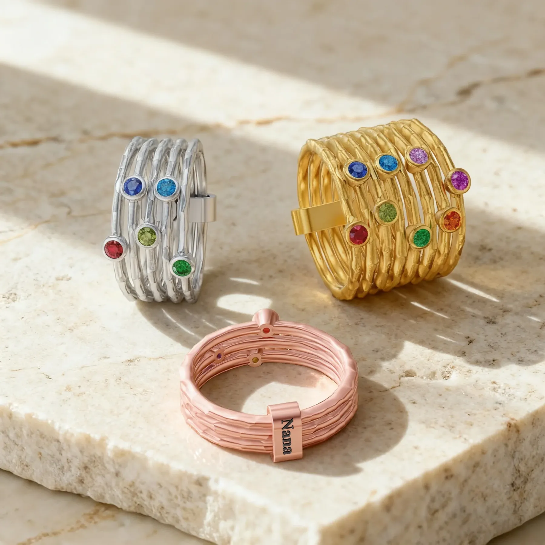 Custom 1-8 Pcs Round Birthstone Ring Set