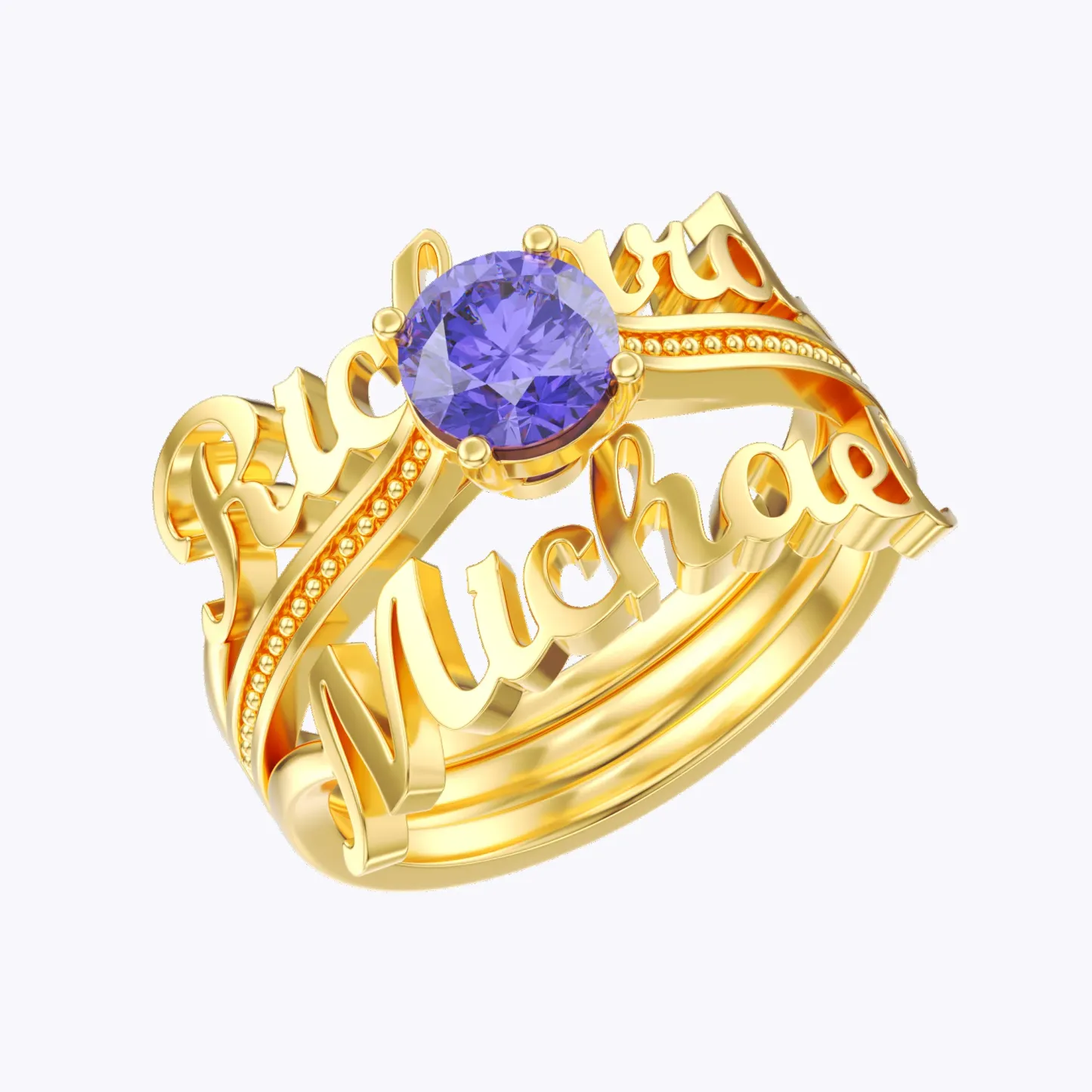 Personalized Dual Name with Round Birthstone Rings Set