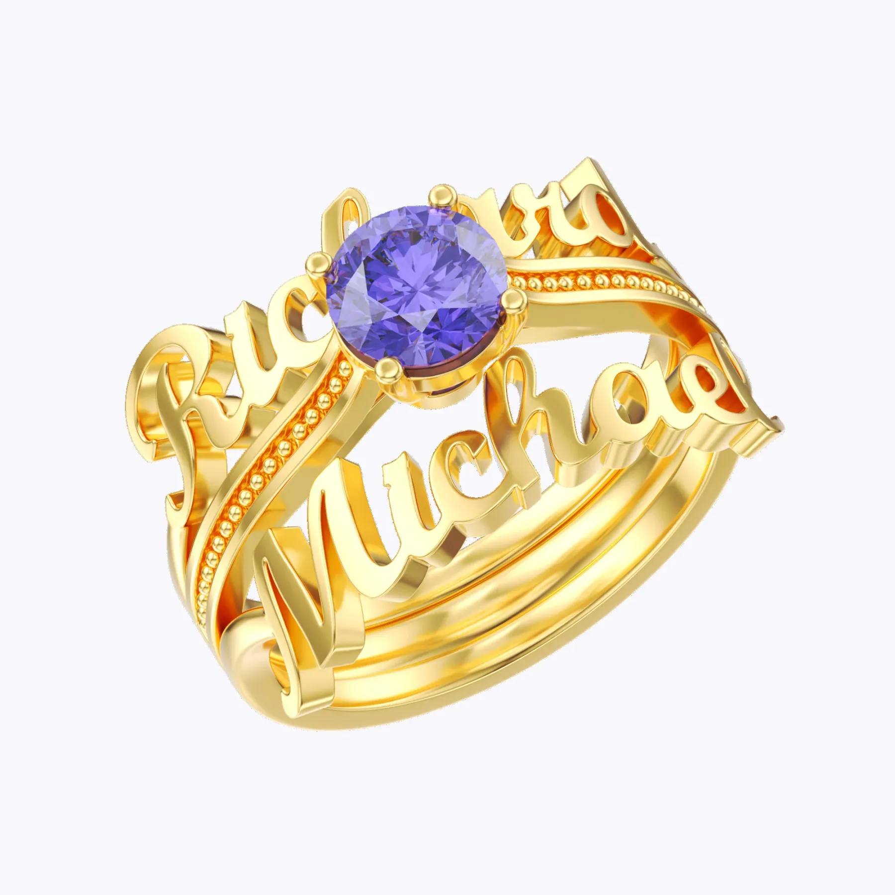 Personalized Dual Name with Round Birthstone Rings Set