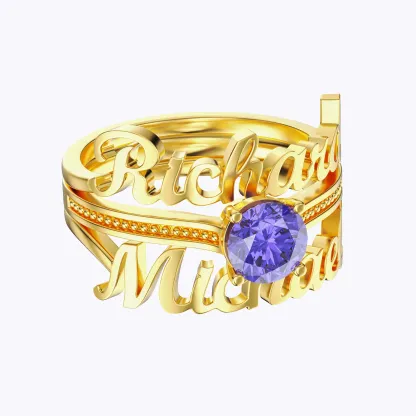 Personalized Dual Name with Round Birthstone Rings Set