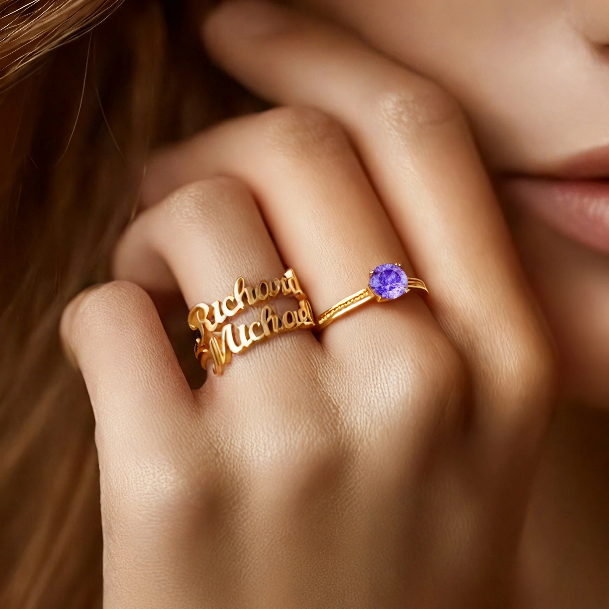 Personalized Dual Name with Round Birthstone Rings Set