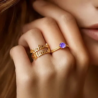 Personalized Dual Name with Round Birthstone Rings Set