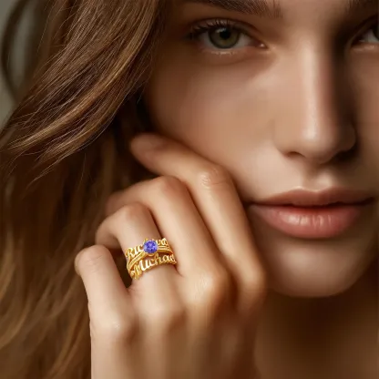 Personalized Dual Name with Round Birthstone Rings Set