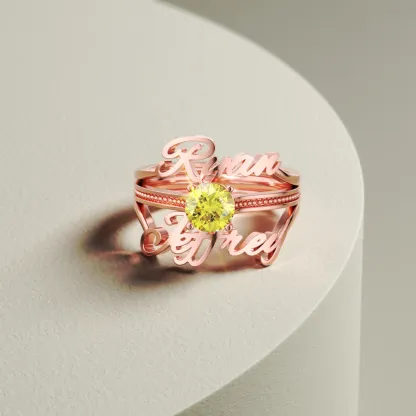 Personalized Dual Name with Round Birthstone Rings Set