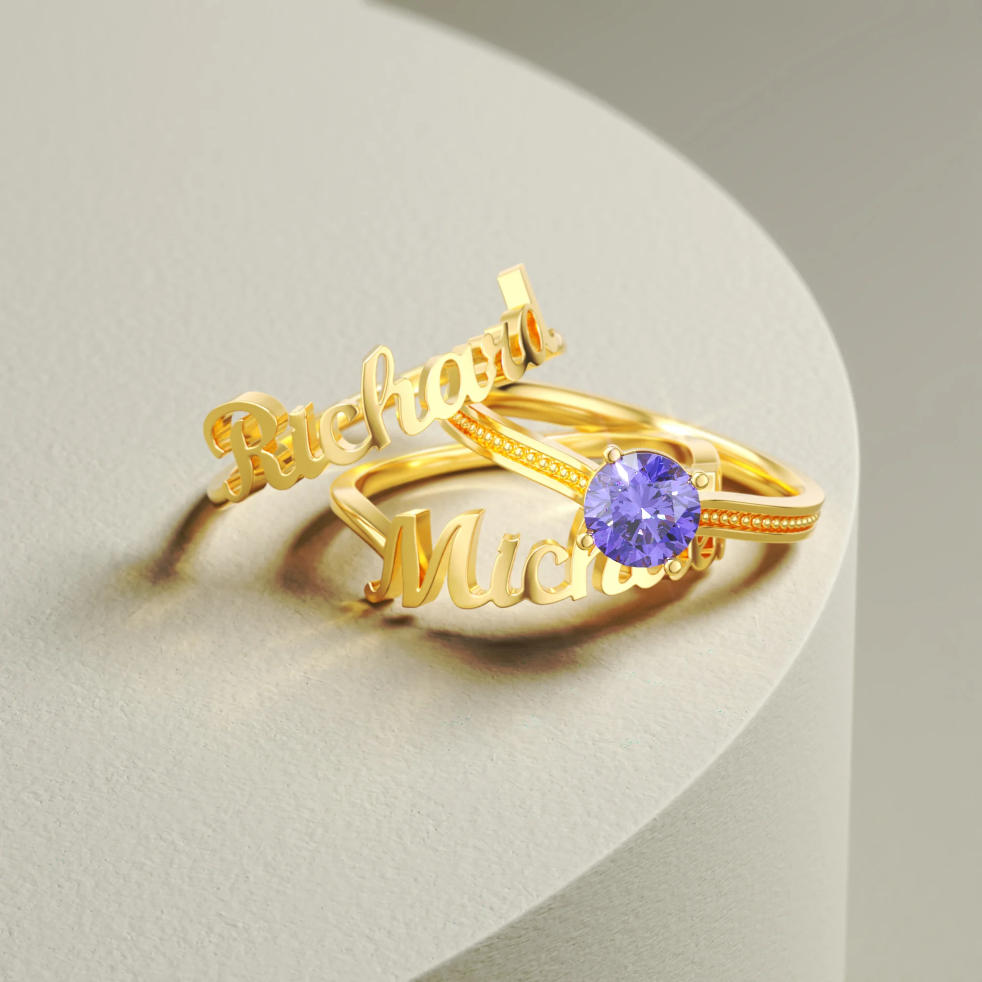 Personalized Dual Name with Round Birthstone Rings Set