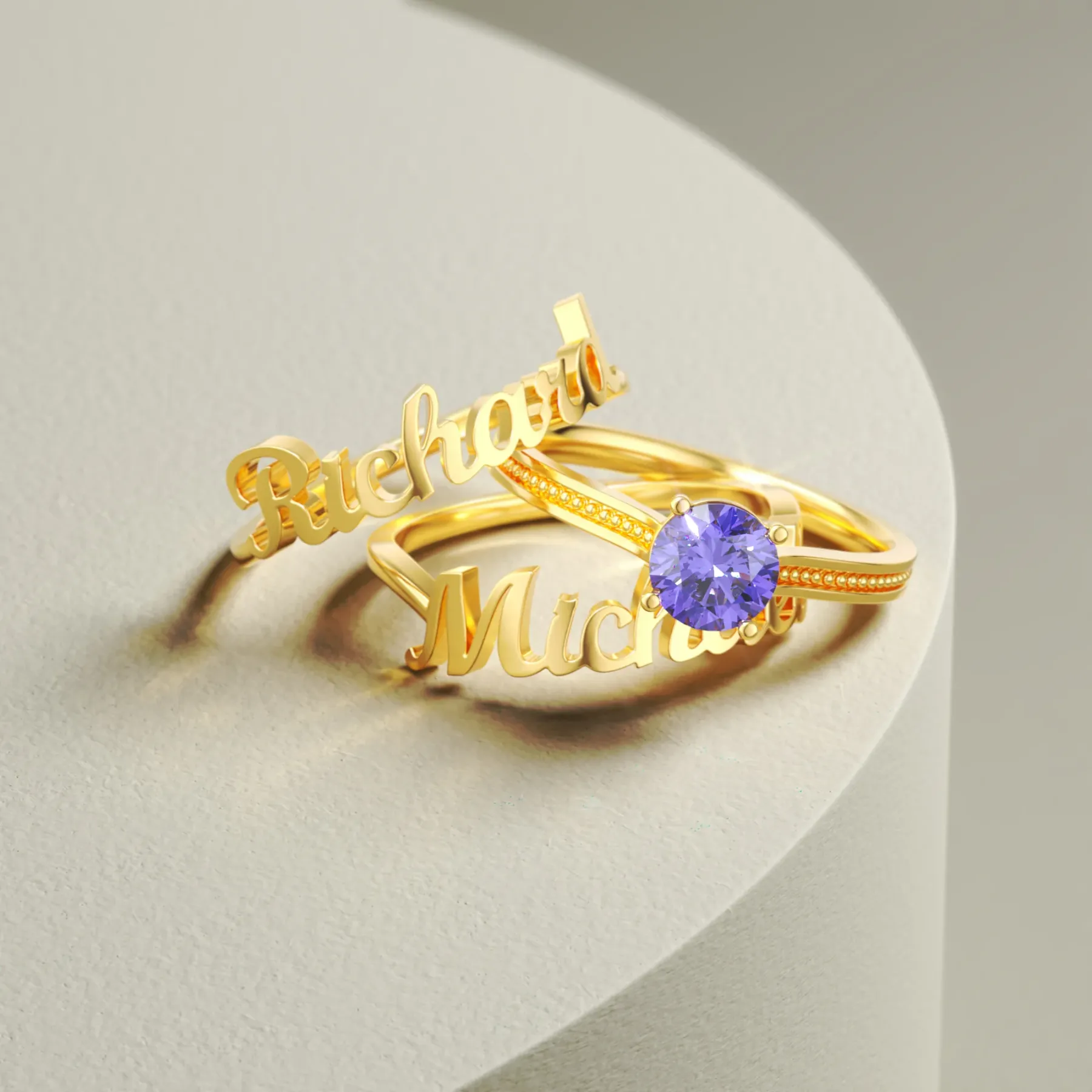 Personalized Dual Name with Round Birthstone Rings Set