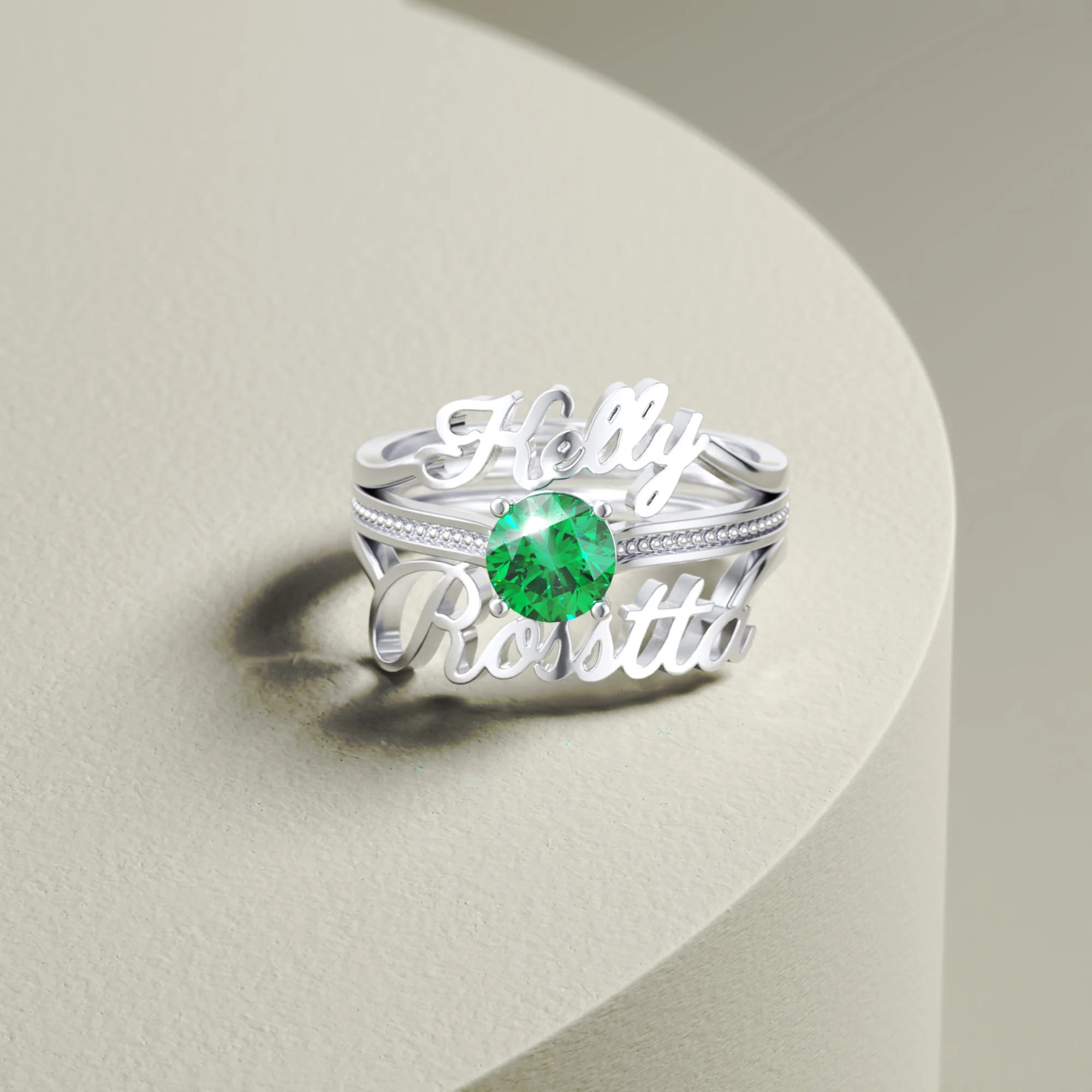Personalized Dual Name with Round Birthstone Rings Set