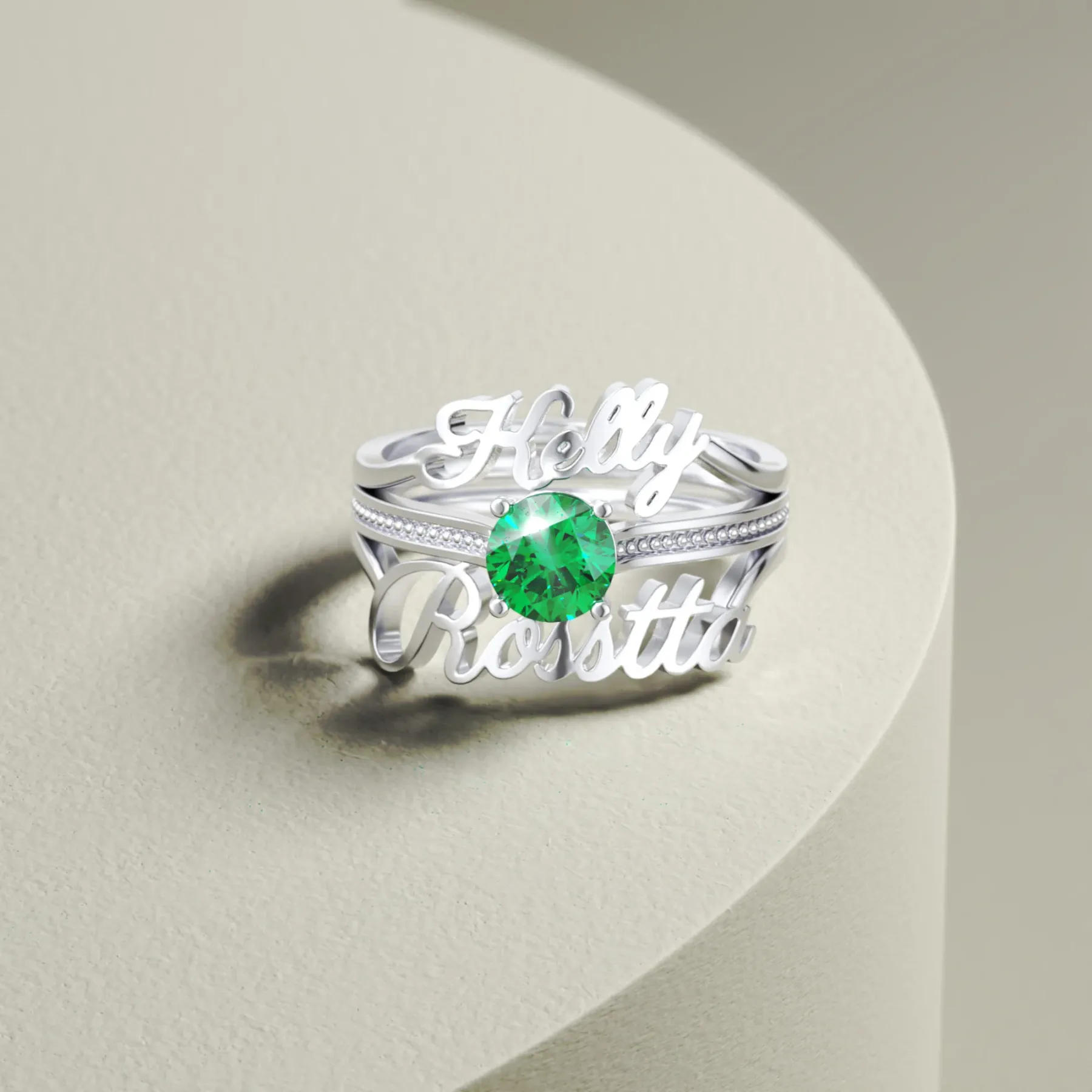 Personalized Dual Name with Round Birthstone Rings Set