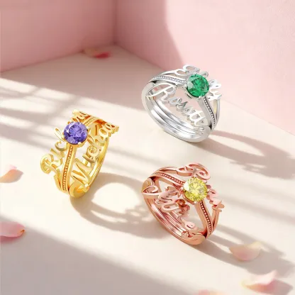 Personalized Dual Name with Round Birthstone Rings Set