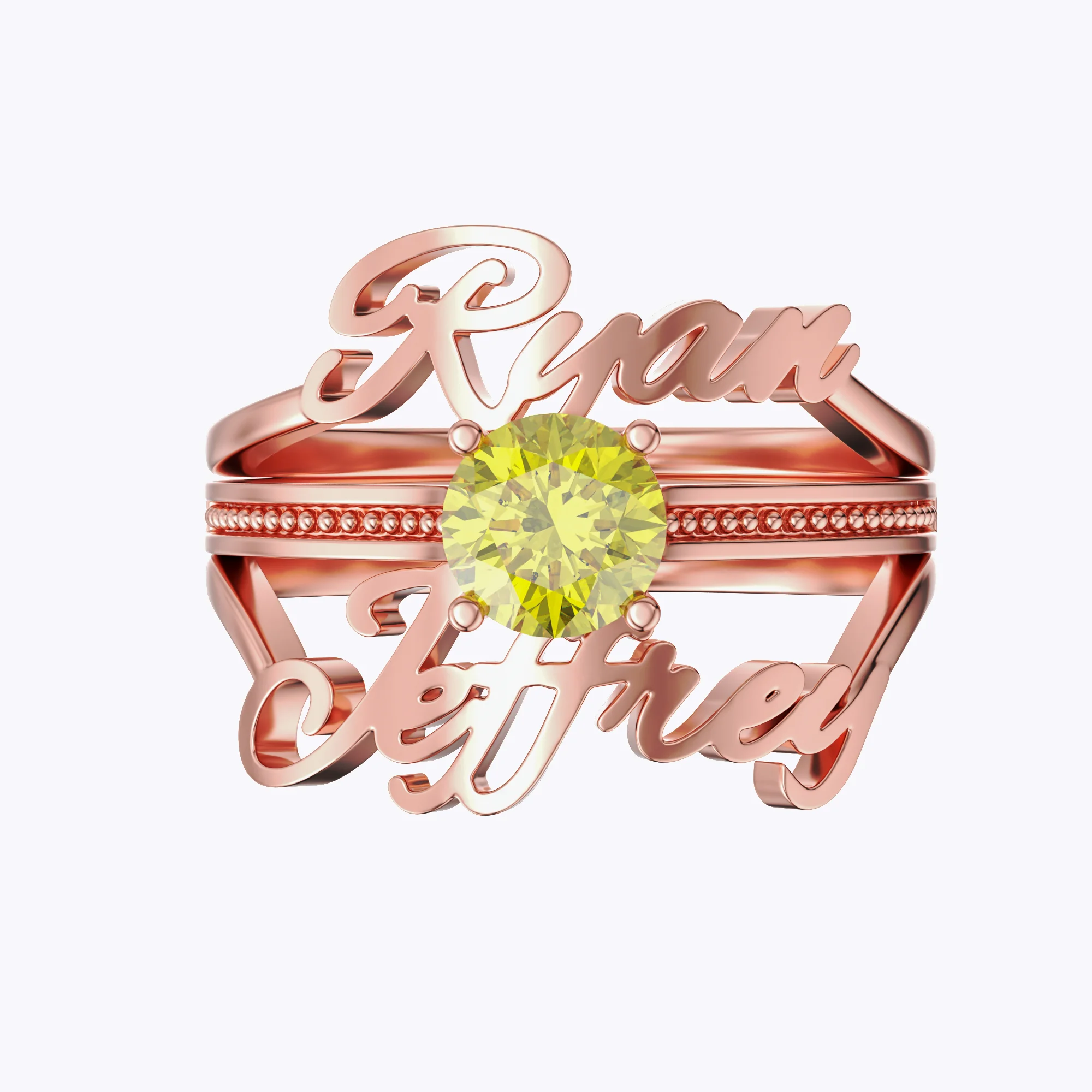 Personalized Dual Name with Round Birthstone Rings Set