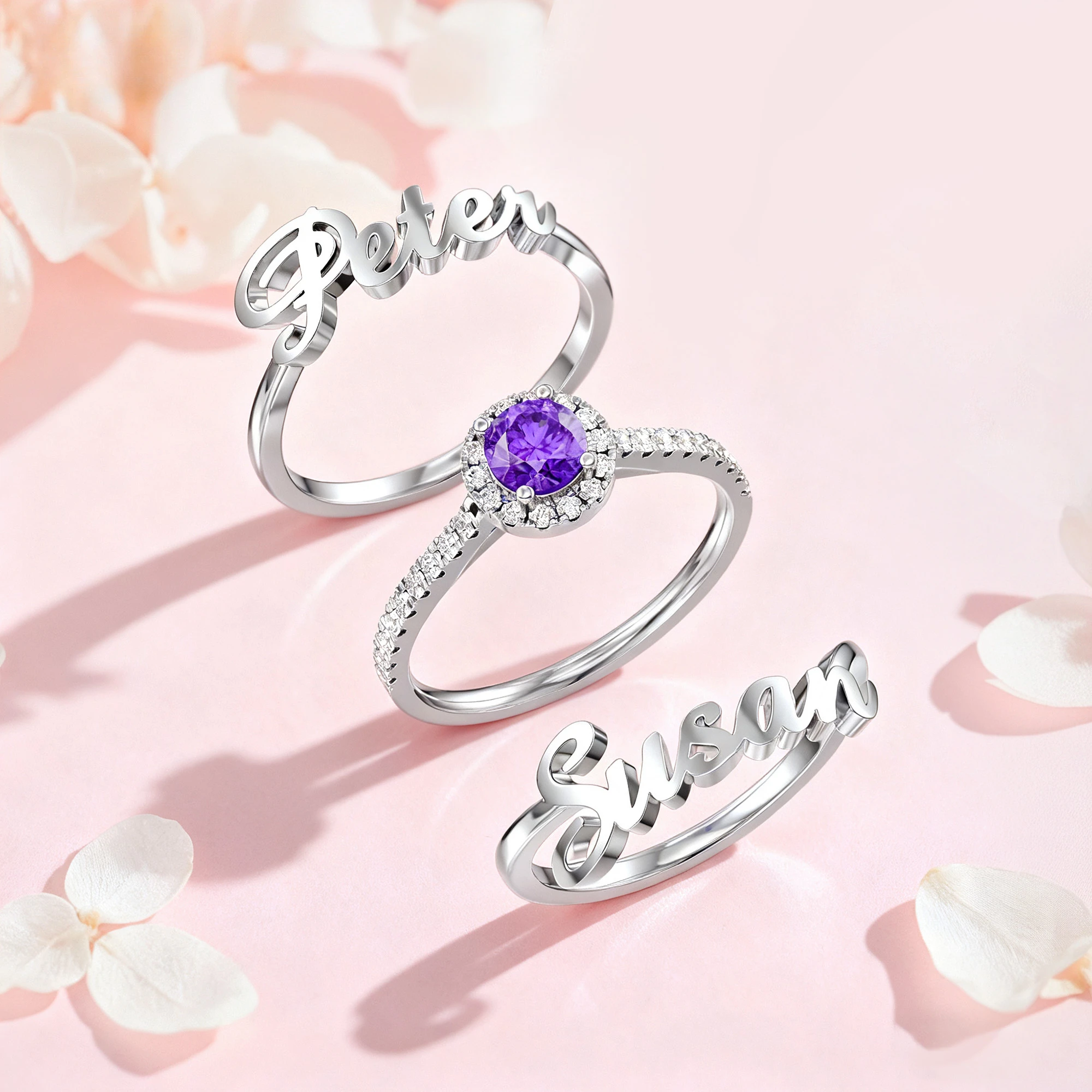 Personalized Double Names with Round Birthstone Ring