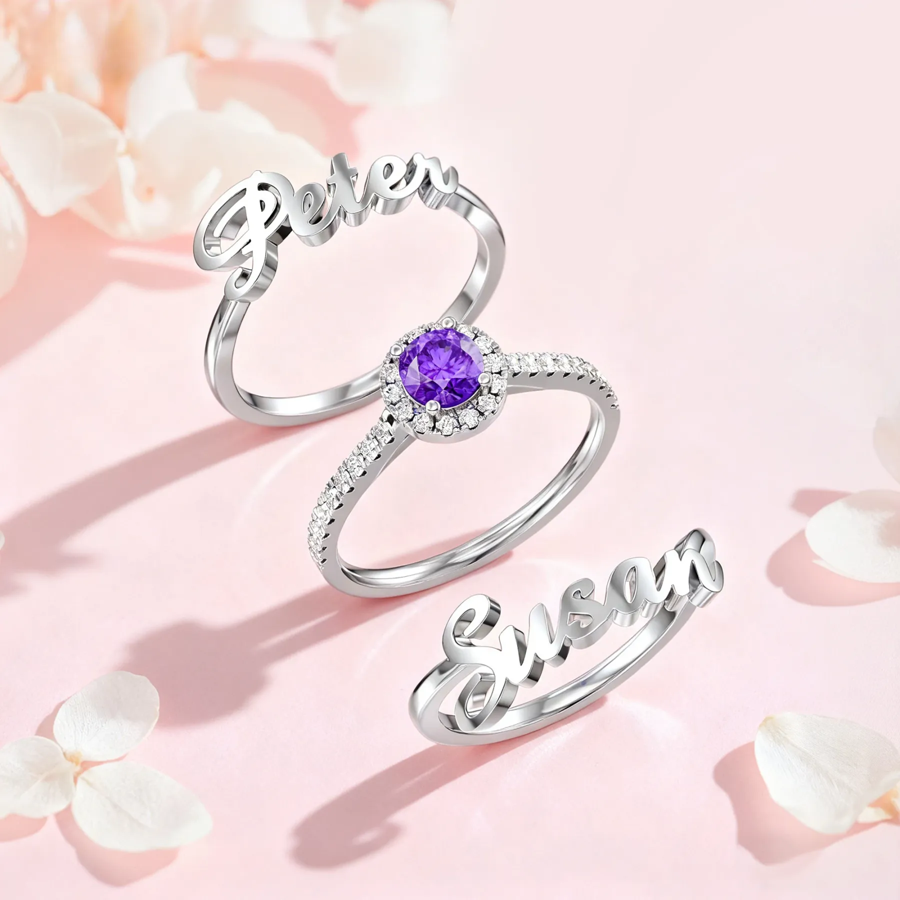 Personalized Double Names with Round Birthstone Ring
