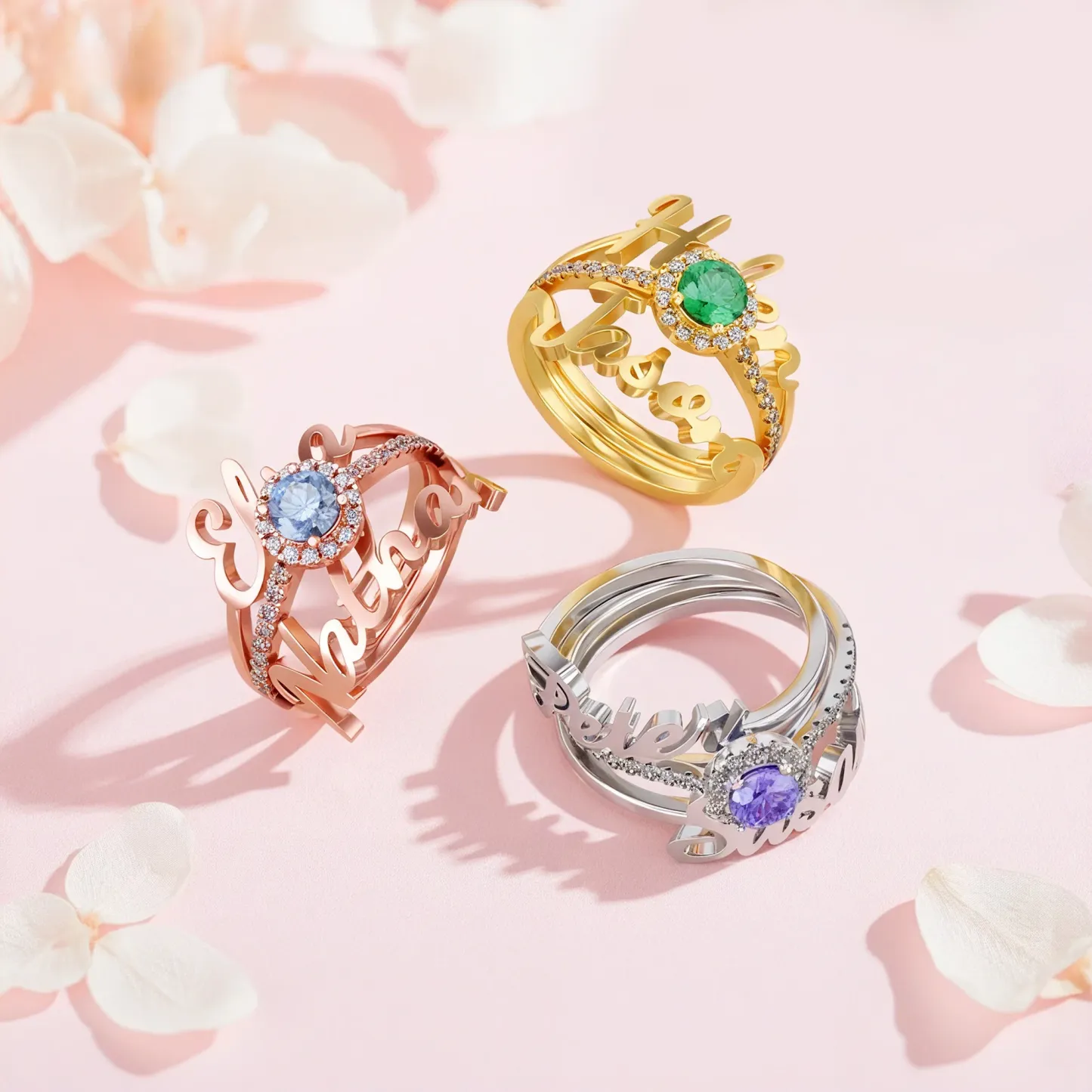 Personalized Double Names with Round Birthstone Ring
