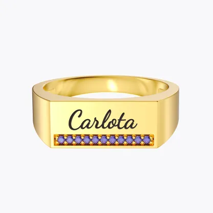 Custom Engraving Name with Pavé Birthstones Wide Ring