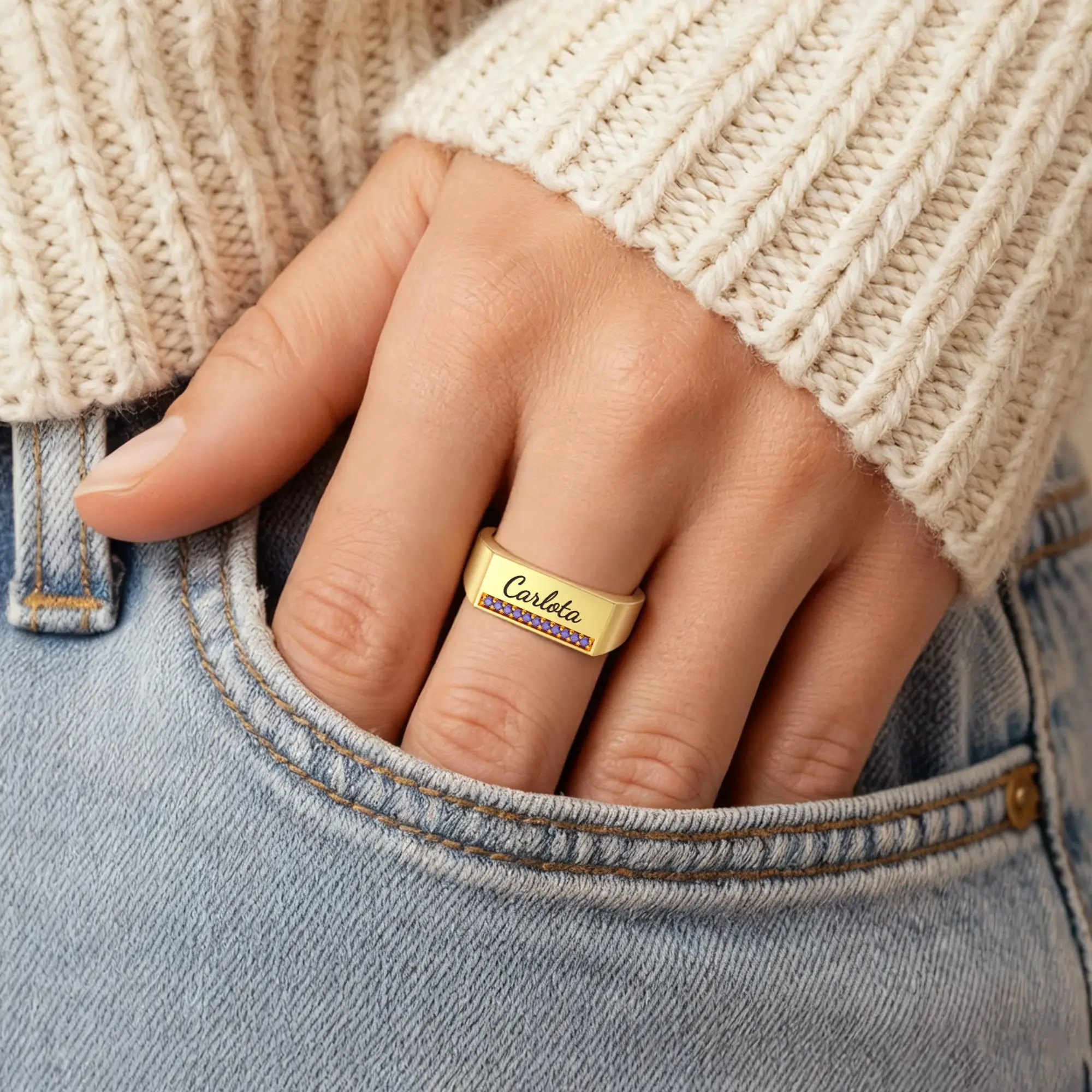 Custom Engraving Name with Pavé Birthstones Wide Ring