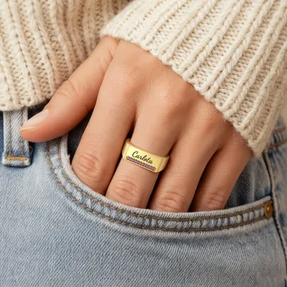 Custom Engraving Name with Pavé Birthstones Wide Ring