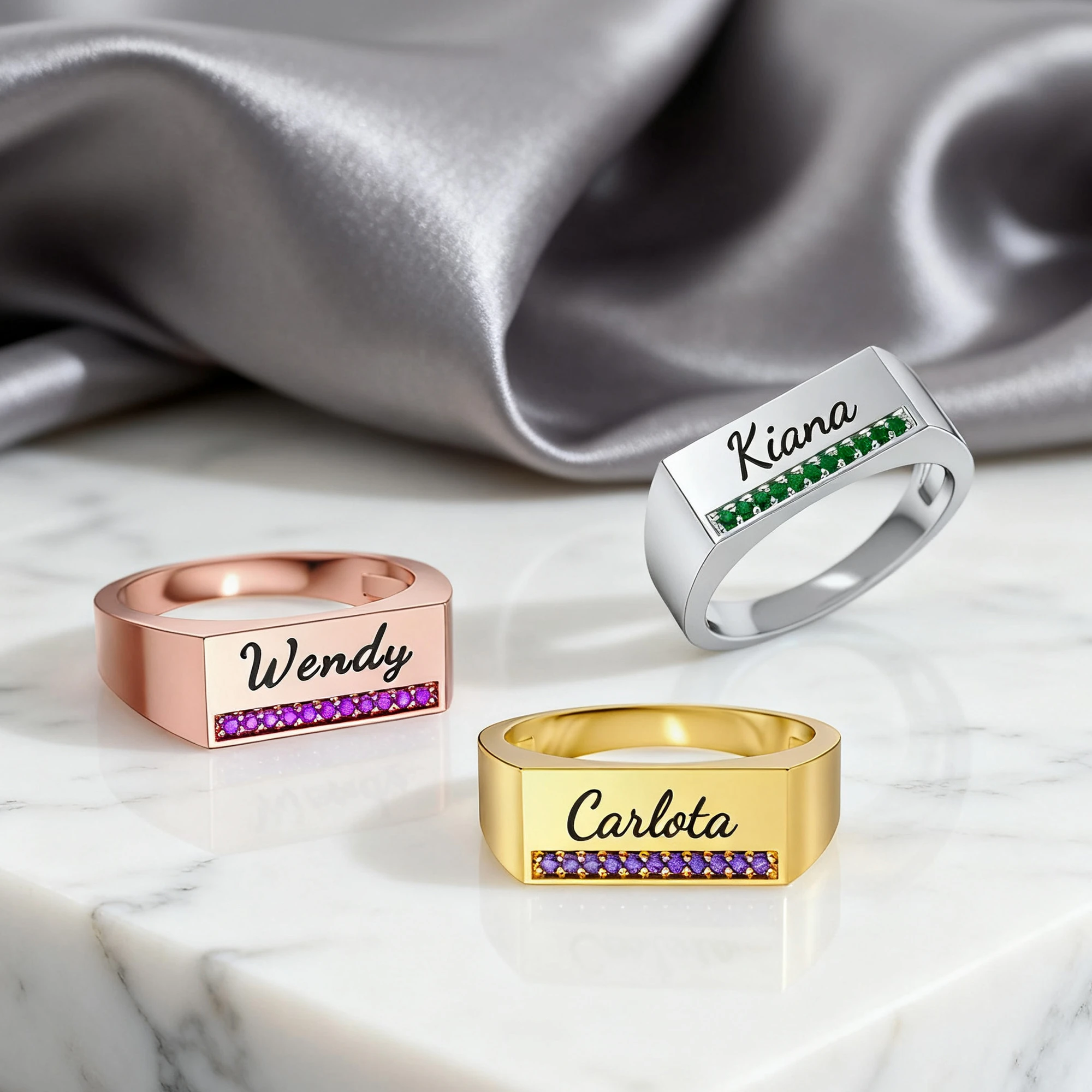 Custom Engraving Name with Pavé Birthstones Wide Ring