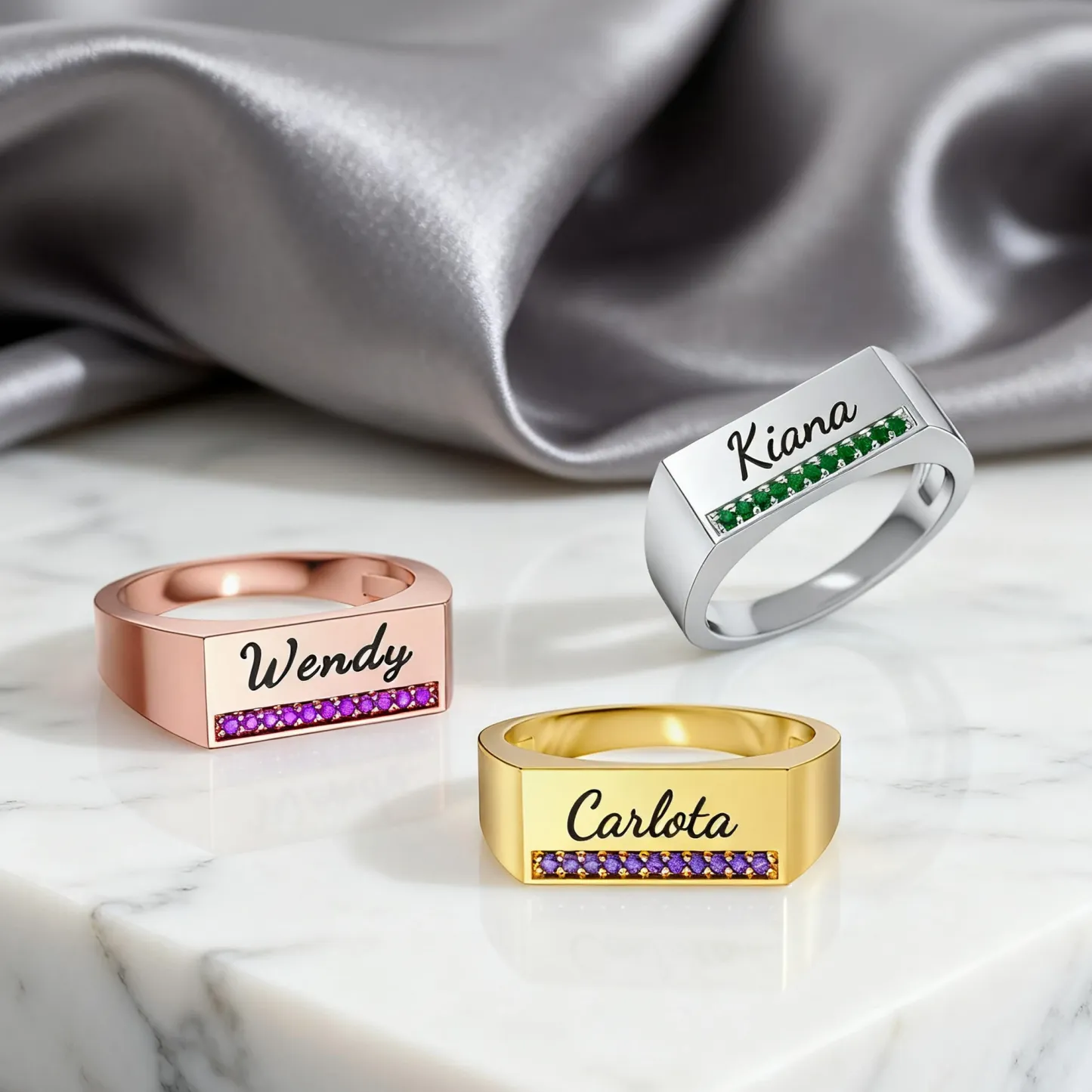 Custom Engraving Name with Pavé Birthstones Wide Ring