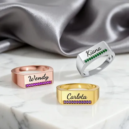 Custom Engraving Name with Pavé Birthstones Wide Ring
