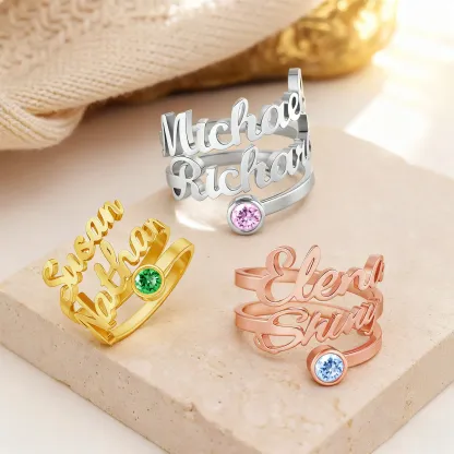 Custom Double Name Round Birthstone Ring