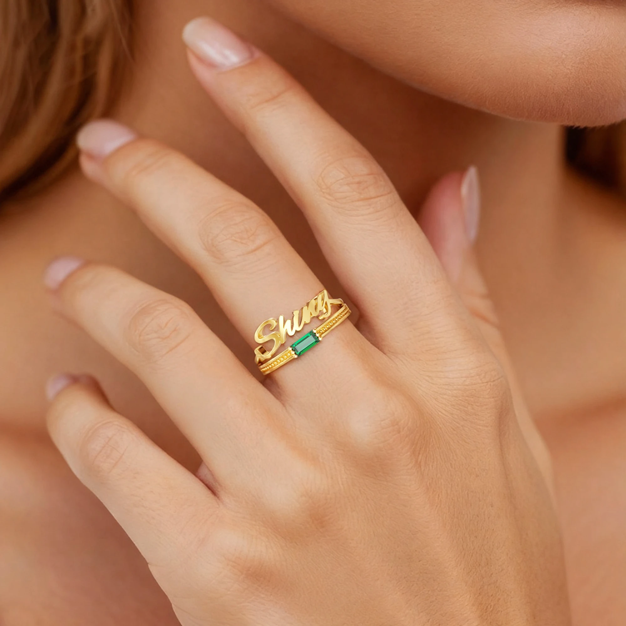 Personalize Baguette Birth Stone Name Ring Set