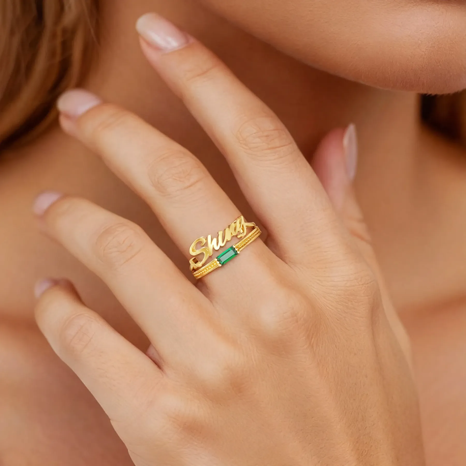 Personalize Baguette Birth Stone Name Ring Set