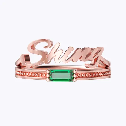 Personalize Baguette Birth Stone Name Ring Set