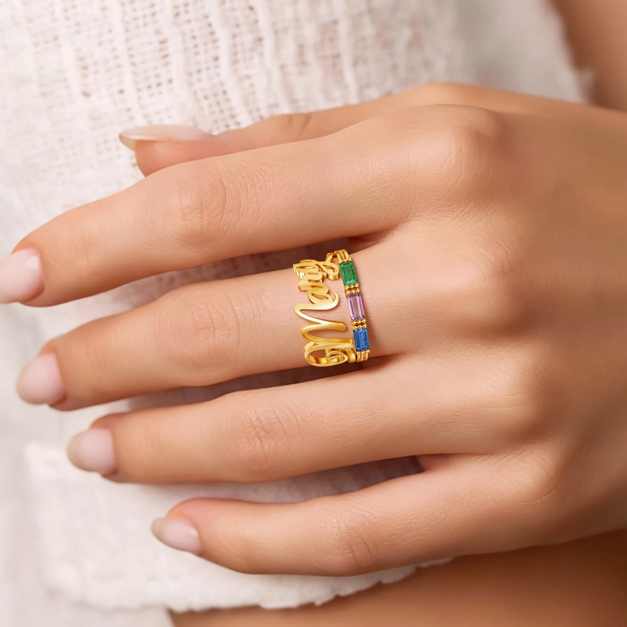 Personalized 1-5 Baguette Birthstone Name Ring Set