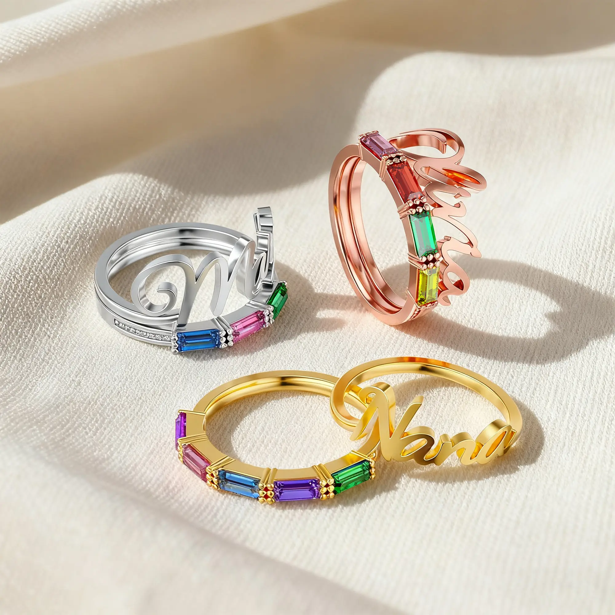 Personalized 1-5 Baguette Birthstone Name Ring Set