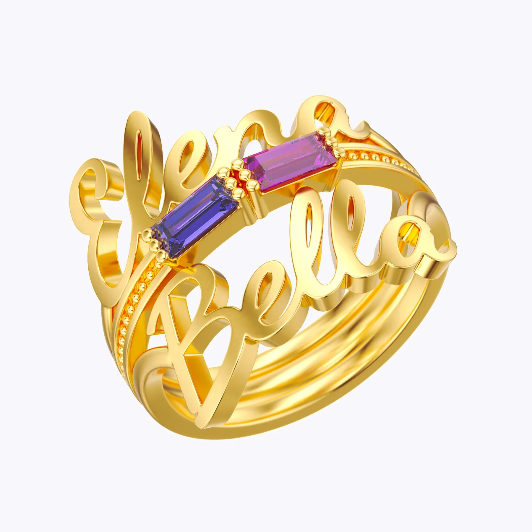 Personalized Double Baguette Birthstones Name Ring Set