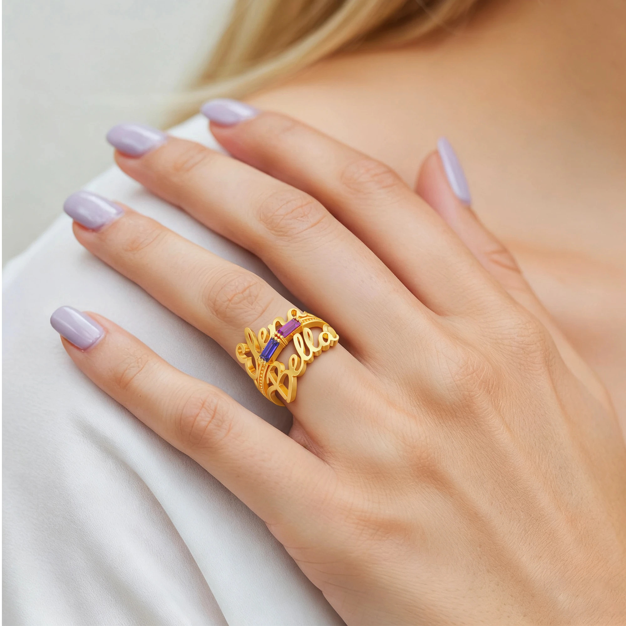 Personalized Double Baguette Birthstones Name Ring Set