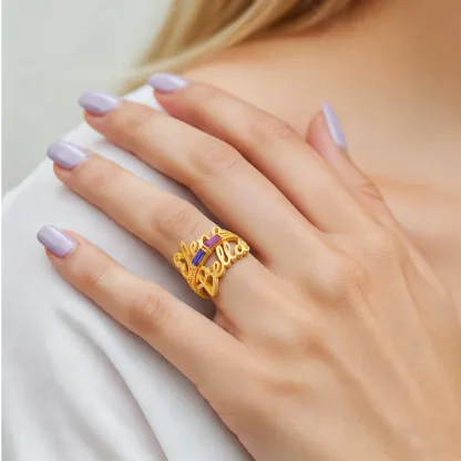 Personalized Double Baguette Birthstones Name Ring Set