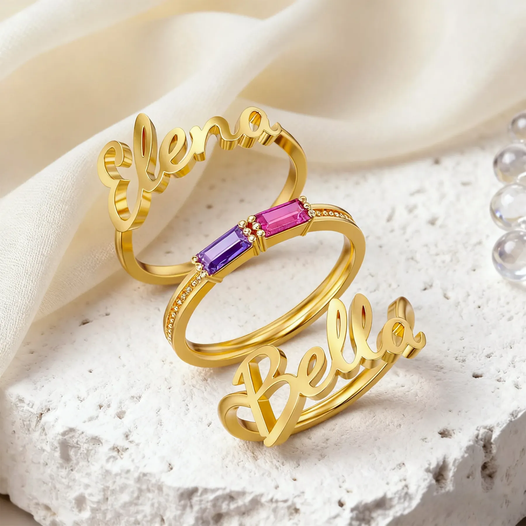 Personalized Double Baguette Birthstones Name Ring Set