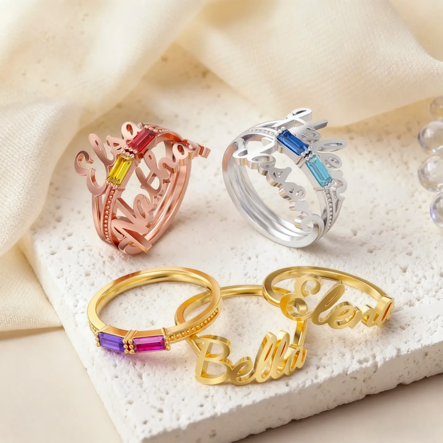 Personalized Double Baguette Birthstones Name Ring Set