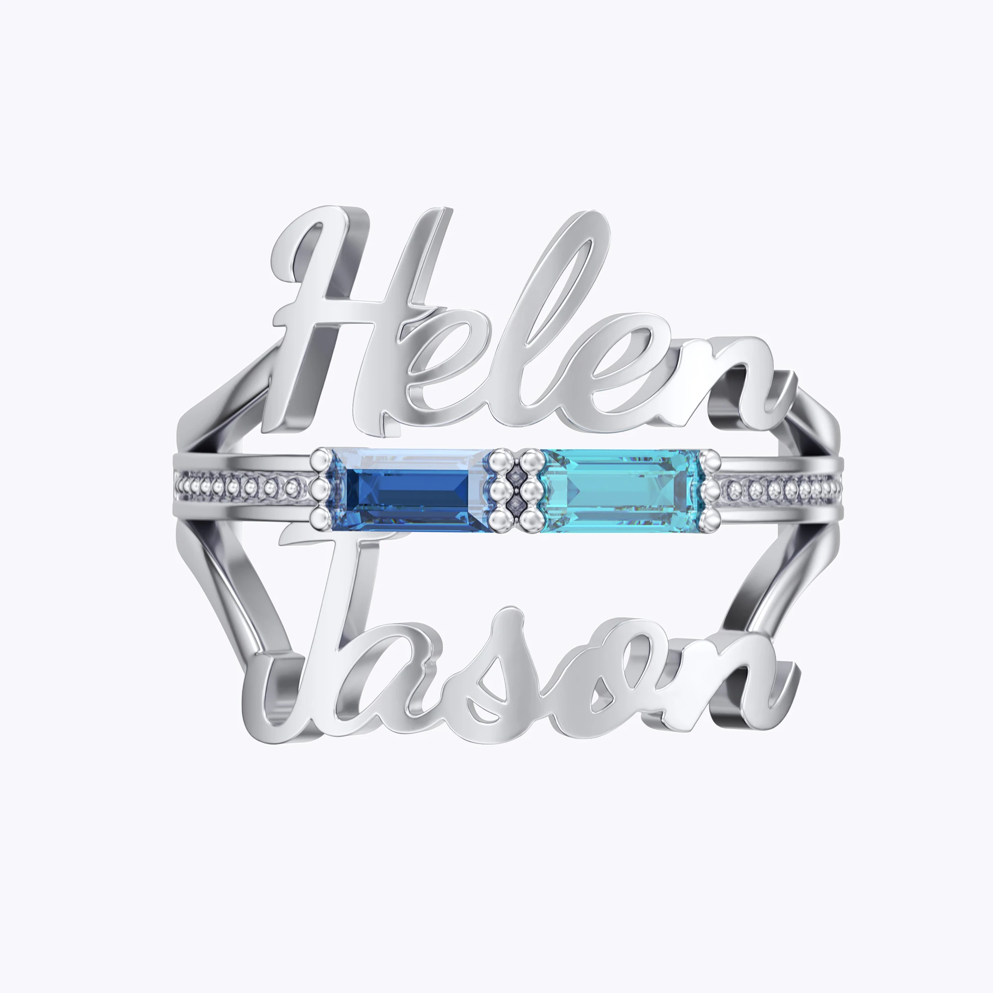 Personalized Double Baguette Birthstones Name Ring Set