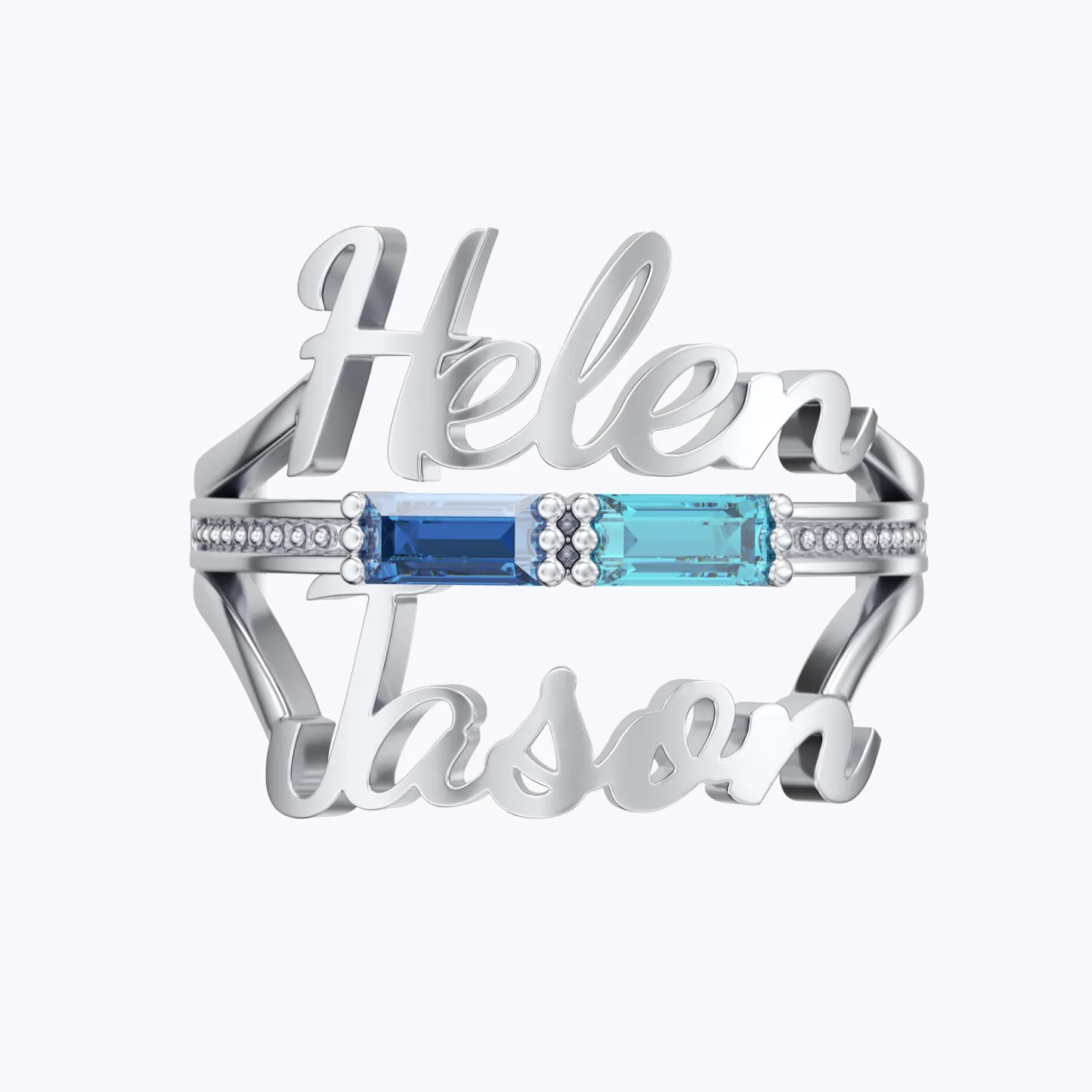 Personalized Double Baguette Birthstones Name Ring Set