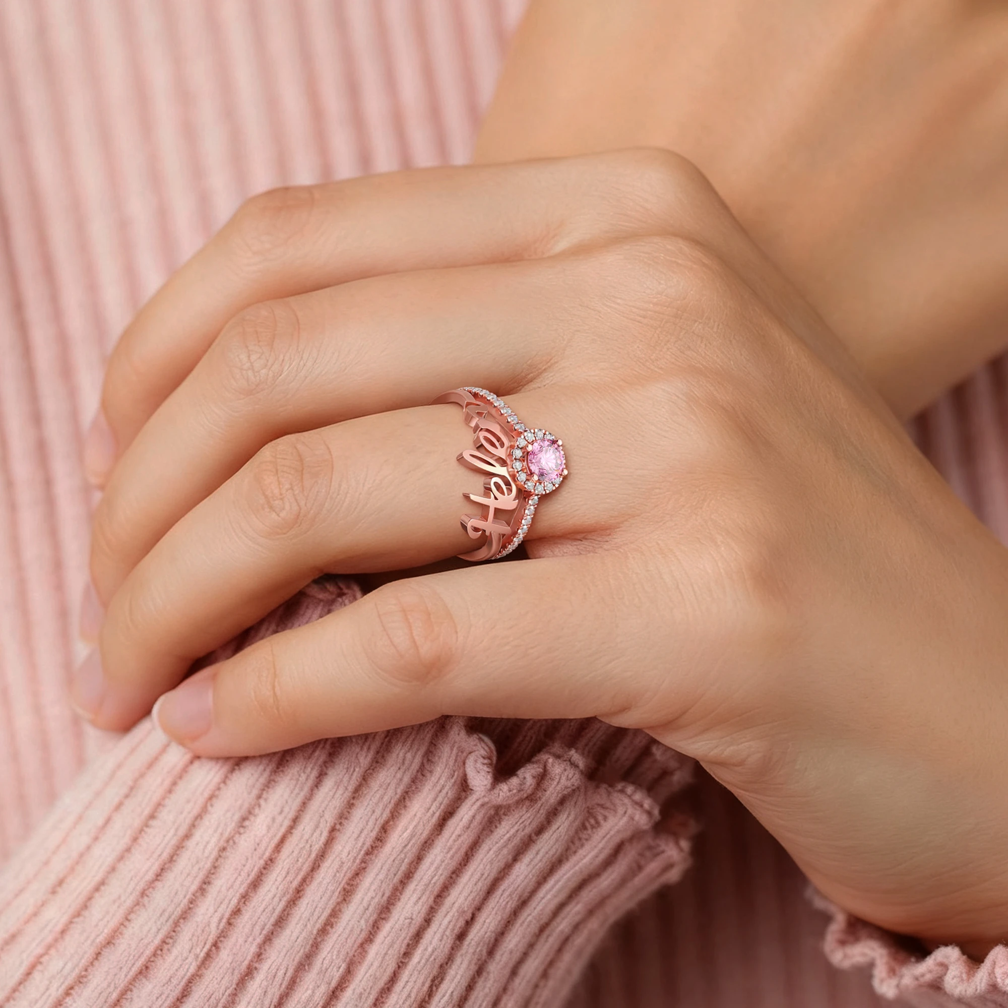 Custom Name Ring with Halo Round Birthstone Ring Set