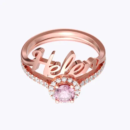 Custom Name Ring with Halo Round Birthstone Ring Set